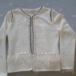 Unique winter white sweater with feather and pom pom details NWOT